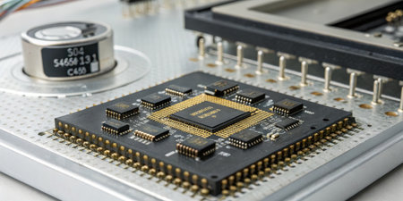A detailed view of a circuit board showcasing a microprocessor and various electronic components in...