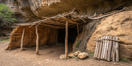 A rustic shelter built from wooden branches and stones stands at the entrance of a canyon, surrounded by earthy tones and natural vegetation. Sunlight filters through the overhead rocks.の写真素材