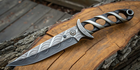 A handcrafted knife with a beautifully patterned blade and an elegantly twisted handle lies on a...