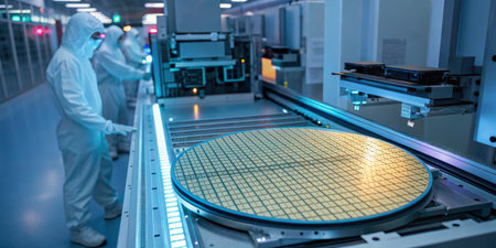 Technicians in white cleanroom suits work on advanced semiconductor manufacturing equipment. A large...