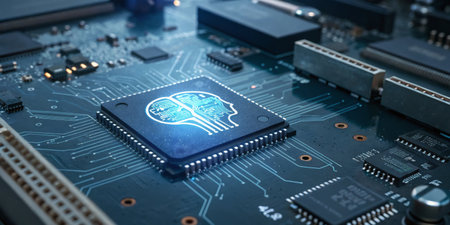 A detailed view highlights a sophisticated computer chip featuring an illuminated neural network pattern.の写真素材