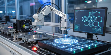 A robotic arm is engaged in inspecting electronic components on a high-tech workstation. The setup...