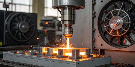 A laser cutting machine operates in a workshop, emitting bright sparks as it precisely cuts metal...