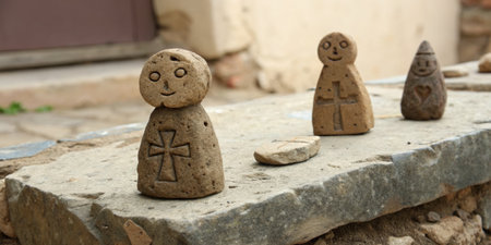 Several handcrafted stone figures are arranged on a weathered stone slab situated outside a rustic...