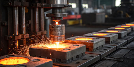 Workers are engaged in metal forging inside a factory. A machine applies pressure to heated metal,...