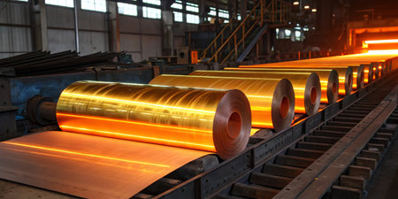 Workers manage large rolls of metal being processed in a factory. The warm glow from machinery...