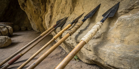 A row of handmade spears rests upright against a stone wall inside a cave. The spears feature wooden shafts and metal tips, reflecting craftsmanship from a bygone era.の写真素材