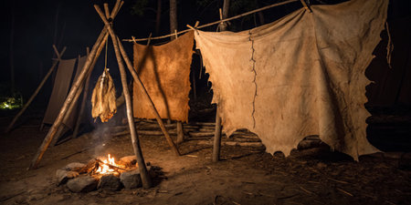 A warm campfire glows in the center of a rustic campsite surrounded by hide shelters. The setting is...