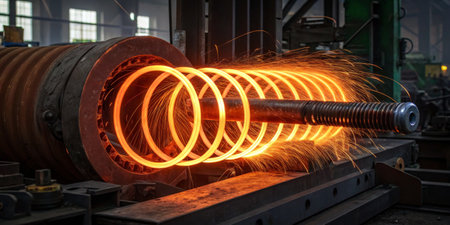 A metal rod is being heated and shaped in an industrial workshop. Glowing coils appear around the...