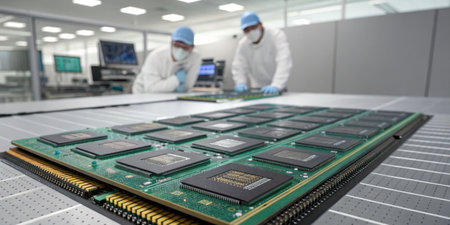 Two technicians in protective gear are analyzing a large microchip on the manufacturing table in a clean room. The setting shows advanced technology and precision work.の写真素材