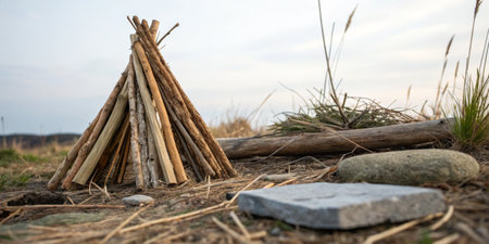 A wooden structure made of sticks is arranged for a fire in a natural outdoor environment. Nearby, stones and grass add to the rustic appearance, suggesting preparation for a gathering.の写真素材