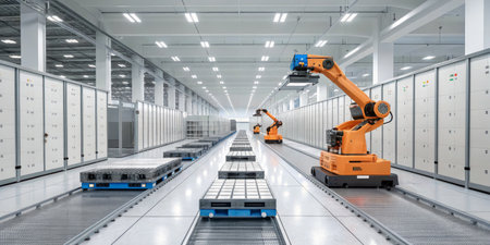 In a spacious and modern warehouse, robotic arms efficiently transport goods on conveyor belts...