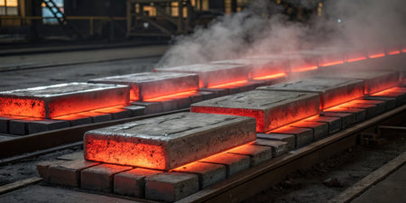 Hot metal ingots glow in a foundry, surrounded by steam and smoke as they move along the production...