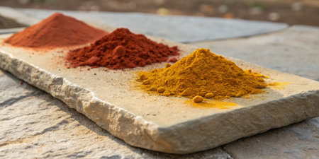 Bright red, orange, and yellow spices are artistically arranged on a stone platter under natural...