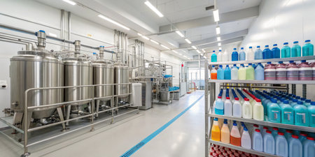 Inside a clean and bright production area, stainless steel tanks sit alongside orderly shelves...