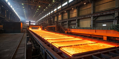 A bustling industrial facility showcases the steel production process as molten metal flows on...
