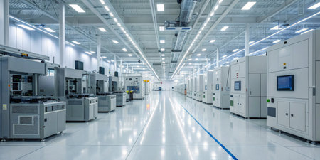 A large manufacturing facility showcases rows of advanced machines lined up in a well-lit environment. The clean and organized space highlights a focus on efficiency and technology.の写真素材