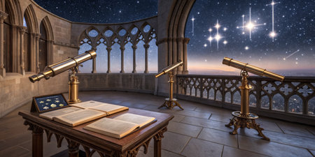 In a historic observatory, three telescopes are positioned near a large open window, offering a stunning view of twinkling stars and constellations amid a serene night sky.の写真素材