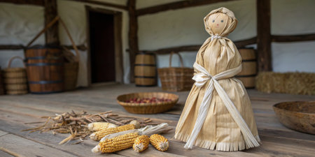 In a rustic farmhouse, a handcrafted corn husk doll stands next to dried corn. Surrounding baskets hold freshly harvested produce, showcasing autumn's bounty.の写真素材