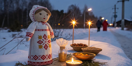 A traditional doll dressed in folk attire stands on a wooden table adorned with seasonal treats and candles. The snowy path is illuminated as people stroll nearby at dusk.の写真素材