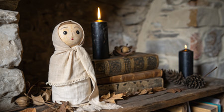 A soft doll dressed in a headscarf stands on a wooden shelf adorned with candles and old books. Fallen leaves and pinecones add to the warm ambiance of the room.の写真素材