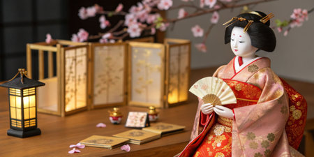 A beautifully crafted Japanese doll dressed in an ornate kimono holds a fan. Surrounding her are cherry blossoms and glowing lanterns, creating a tranquil atmosphere.の写真素材