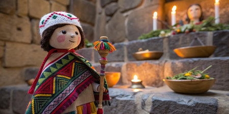 A handcrafted doll stands proudly with a staff in front of an altar adorned with candles, flowers, and offerings, set against a rustic stone wall.の写真素材