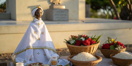 A wooden doll dressed in a white garment adorned with flowers sits on an altar surrounded by bowls of rice and fresh flowers, creating a peaceful atmosphere during sunset.の写真素材