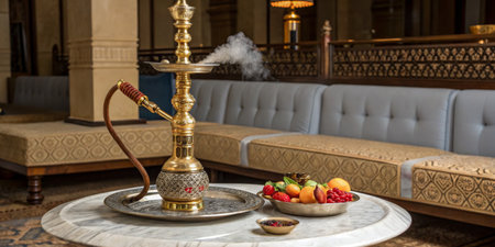 A beautifully crafted hookah sits on a marble table surrounded by an assortment of fresh fruits, showcasing a cozy and elegant lounge ambiance.の写真素材