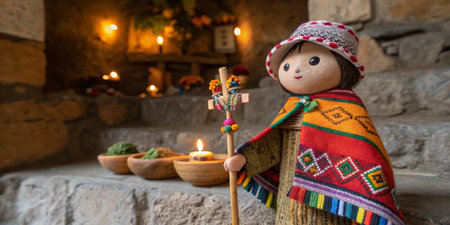 A handcrafted doll, adorned in colorful Andean clothing, stands beside wooden bowls filled with offerings. The warm ambiance is enhanced by flickering candlelight in a stone alcove.の写真素材