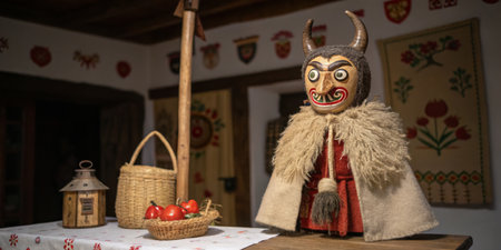 A colorful traditional figure stands on a wooden table inside a rustic room. The walls are decorated with cultural motifs and handcrafted items, creating a warm atmosphere.の写真素材