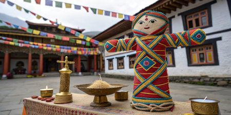 A vibrant decoration made of colorful threads stands proudly on a table in a lovely courtyard.の写真素材