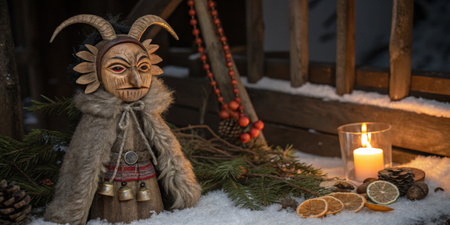 A detailed wooden figure with unique facial features stands elegantly amidst snow, surrounded by pine branches, dried fruit, and a glowing candle, creating a cozy winter atmosphere.の写真素材