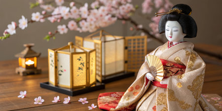 A meticulously crafted Japanese doll, dressed in an ornate kimono, is showcased beside soft glowing lanterns and delicate cherry blossoms, creating a serene atmosphere in an indoor setting.の写真素材