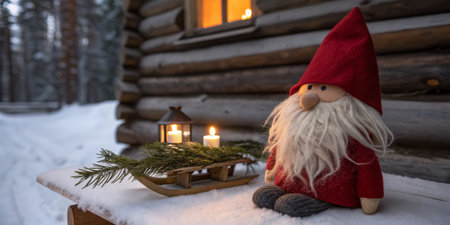 A charming gnome in a red hat sits beside a cabin on a snowy evening. Two candles glow softly, while evergreen branches rest on a wooden sled nearby, creating a warm atmosphere.の写真素材