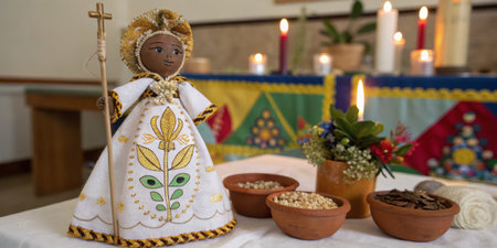 Handcrafted figure stands on an altar adorned with colorful textiles, surrounded by candles and natural offerings like grains and flowers, celebrating cultural heritage.の写真素材