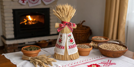 A decorative wheat sheaf tied with a ribbon stands on a table surrounded by bowls of grains and herbs. The warm glow of a fireplace adds to the inviting atmosphere of autumn celebrations.の写真素材