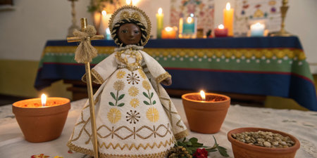 A beautifully arranged altar showcases a handcrafted doll wearing a traditional dress. Surrounding candles illuminate the space, enhancing the serene atmosphere of the setting.の写真素材