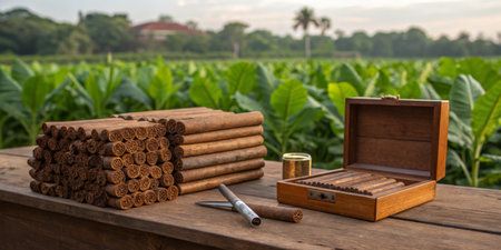 Stacks of handmade cigars rest on a wooden table beside a beautifully crafted box, surrounded by vibrant green tobacco plants at sunset, showcasing the rich craft of cigar production.の写真素材