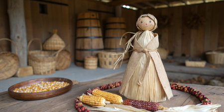 A corn husk doll is displayed on a wooden table in a rustic workshop. Natural materials and traditional decor enhance the craftâs cultural significance and warmth within the space.の写真素材