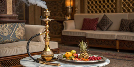 Friends gather in a plush lounge, savoring the aroma of hookah smoke while enjoying a vibrant platter of fresh fruits, creating a relaxing and inviting atmosphere.の写真素材