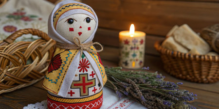A beautifully crafted folk doll, adorned with vibrant patterns, stands on a rustic wooden table.の写真素材