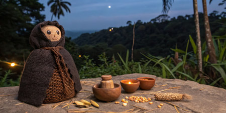 A handmade doll dressed in dark fabric stands beside traditional wooden bowls filled with seeds and nuts. Soft candlelight flickers in the background amidst lush mountains under a glowing moon.の写真素材