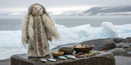 A handmade doll wearing a fur-lined coat stands on a stone by the ocean. Surrounding the doll are bowls of food and fish, highlighting Arctic fishing culture against a stunning backdrop.の写真素材