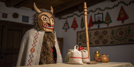 A masked figure clad in a fur costume presents a striking presence in a warmly decorated room. Cultural artifacts and festive items enhance the atmosphere, showcasing heritage.の写真素材
