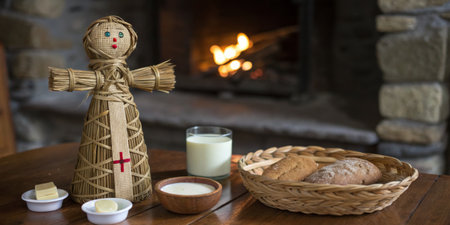 A straw figure adorned with colorful details stands next to a basket of bread and dairy products, all set in front of a crackling fireplace, creating a cozy atmosphere.の写真素材