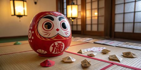 A vibrant daruma doll sits prominently in a serene traditional Japanese room. Lanterns glow softly, casting warm light on the tatami mats where game pieces are scattered.の写真素材