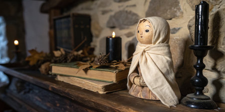 A wooden doll, draped in a simple cloth, sits on a rustic shelf beside lit candles and old books. The warm atmosphere is enhanced by stone walls and autumn leaves.の写真素材
