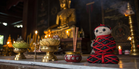 A serene setting features a Buddhist altar filled with incense sticks, lotus flowers, gold structures. The atmosphere is peaceful and reflective.の写真素材