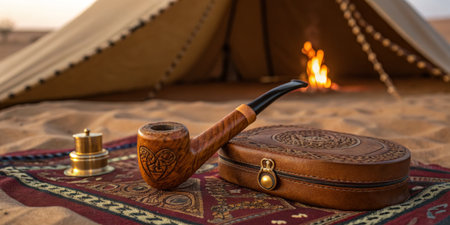 A beautifully crafted wooden smoking pipe rests on an ornate rug beside a leather pouch and a decorative box. A warm campfire glows softly, illuminating the desert surroundings during sunset.の写真素材